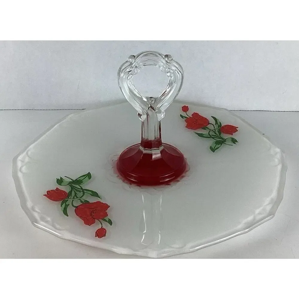 Clear Red Cake Plate Tulip Indiana Glass Painted Tidbit Tray with Key Handle